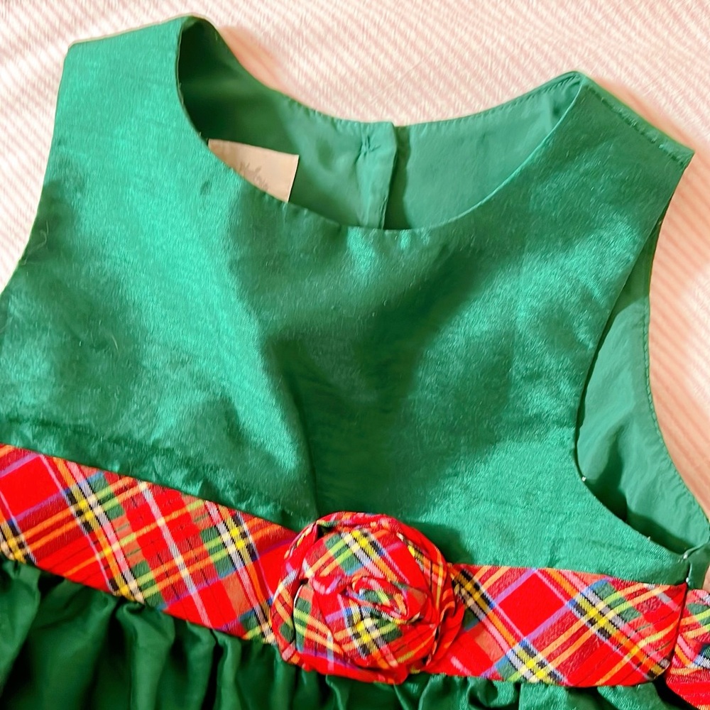 LAURA ASHLEY LONDON Holiday GIRLS LINED DRESS GREEN WITH RED PLAID TRIM Sz 4T - Picture 6 of 12